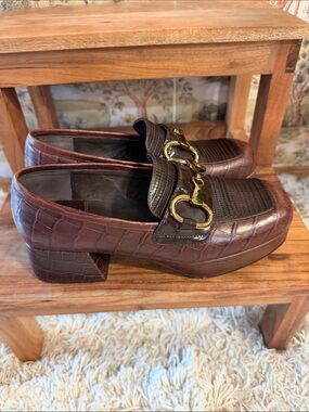Jeffrey Campbell Brown Croc-Embossed Loafers / platforms with Gold Bit